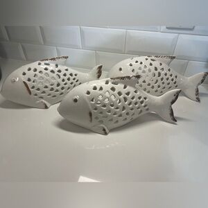 Set of 3 - White Glazed Ceramic Fish Candle Holder